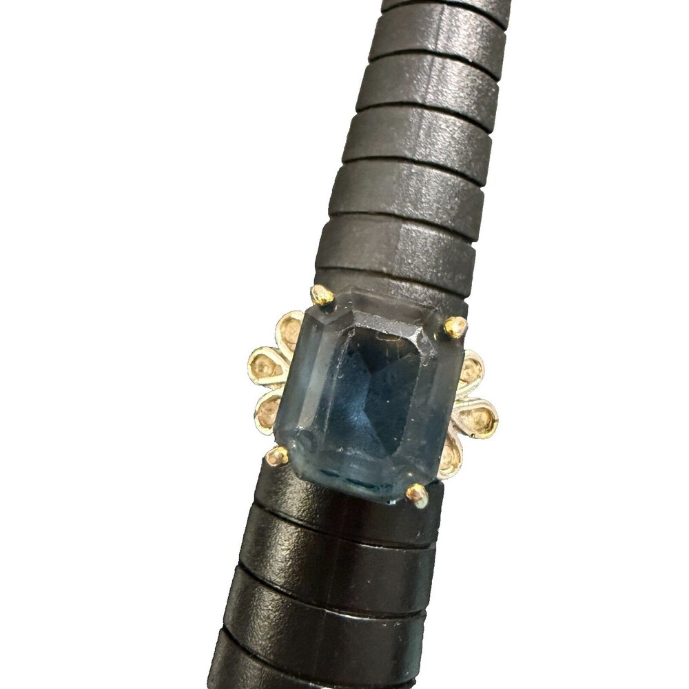 Vintage 18KT GE Gold Plated Deep Topaz Blue & Clear Crystals  ~ Ring Sz 8.5/8.75